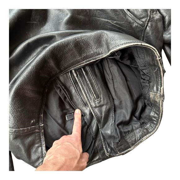 Vintage Perfectly Worn Black Leather Belted Motorcycle Jacket Men’s Large - Picture 8 of 10